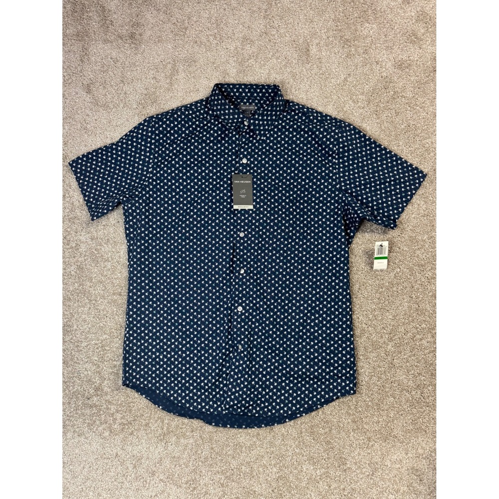 Van Heusen Mens Palm Tree Print Short Sleeve Button Down Shirt Blue L NEW